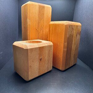 Vintage Wooden Tealight Candle Holders Set Of 3 Handcrafted Solid Wood Rustic De